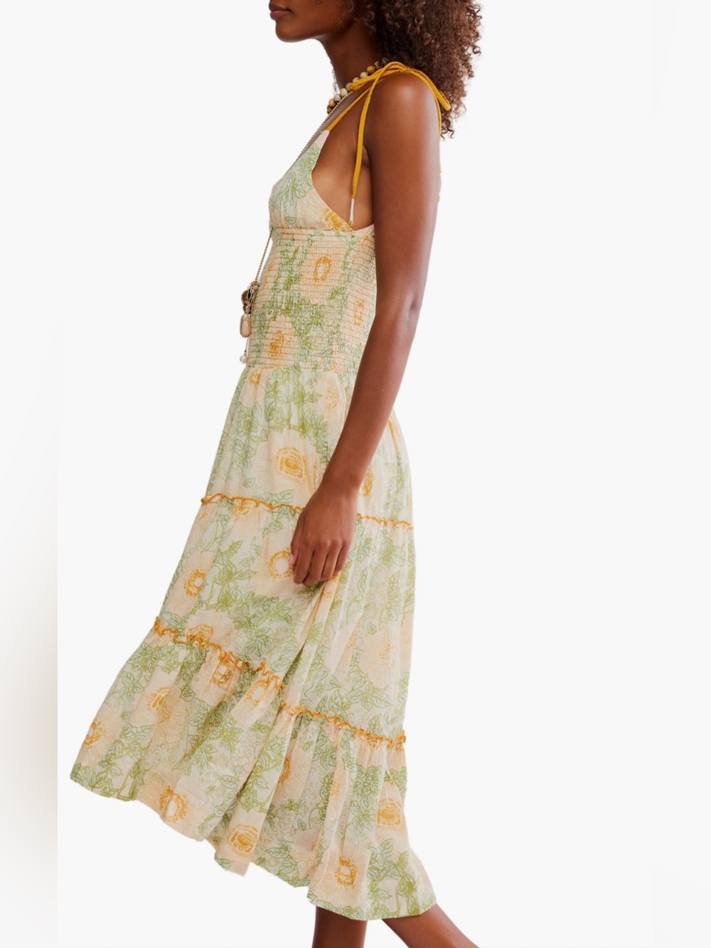 NWT Free People Adriel Tie Strap Tiered Midi Dress ~ Yellow & Green - Picture 2 of 12